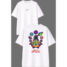 Vsrn Uzayda Meditasyon Tasarım Ön Arka Baskılı Beyaz Oversize T Shirt