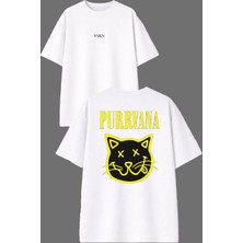 Vsrn Purrvana Tasarım Ön Arka Baskılı Beyaz Oversize T Shirt