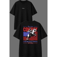 Vsrn Cowboy Horse Tasarım Ön Arka Baskılı Siyah Oversize T Shirt