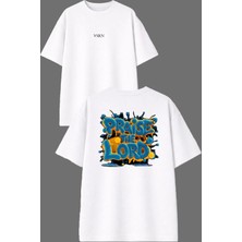 Vsrn Pra Lord Tasarım Ön Arka Baskılı Beyaz Oversize T Shirt