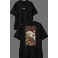 Vsrn Kelebek Konmuş At Tasarım Ön Arka Baskılı Siyah Oversize T Shirt