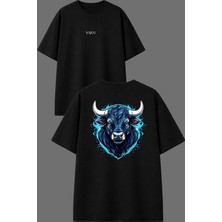 Vsrn Boğa Tasarım Ön Arka Baskılı Siyah Oversize T Shirt