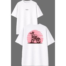Vsrn Pembe Kadın Cross Tasarım Ön Arka Baskılı Beyaz Oversize T Shirt