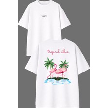 Vsrn Vıbe Tropical Tasarım Ön Arka Baskılı Beyaz Oversize T Shirt