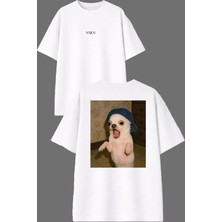 Vsrn Şoka Girmiş Köpek Tasarım Ön Arka Baskılı Beyaz Oversize T Shirt