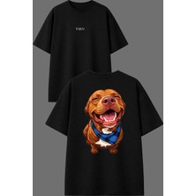 Vsrn Tatlış Köpek Tasarım Ön Arka Baskılı Siyah Oversize T Shirt