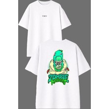 Vsrn Goril Zombi Tasarım Ön Arka Baskılı Beyaz Oversize T Shirt