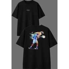 Vsrn Tenisçi Adam Tasarım Ön Arka Baskılı Siyah Oversize T Shirt