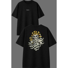 Vsrn Mumya Firavun Tasarım Ön Arka Baskılı Siyah Oversize T Shirt