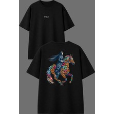 Vsrn Yazılı At Tasarım Ön Arka Baskılı Siyah Oversize T Shirt