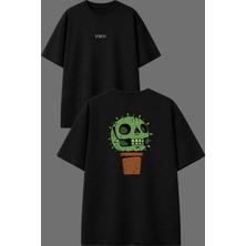 Vsrn Zombi Kaktüs Tasarım Ön Arka Baskılı Siyah Oversize T Shirt