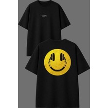 Vsrn Smile Kulaklık Tasarım Ön Arka Baskılı Siyah Oversize T Shirt