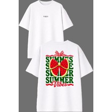 Vsrn Summer Summer Tasarım Ön Arka Baskılı Beyaz Oversize T Shirt
