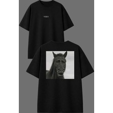Vsrn Değişik At Tasarım Ön Arka Baskılı Siyah Oversize T Shirt