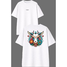 Vsrn Renkli Keçi Tasarım Ön Arka Baskılı Beyaz Oversize T Shirt