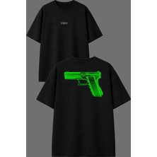 Vsrn Yeşil Çuf Çuf Tasarım Ön Arka Baskılı Siyah Oversize T Shirt
