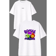 Vsrn Sosyal Adam Tasarım Ön Arka Baskılı Beyaz Oversize T Shirt