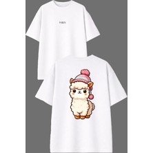 Vsrn Tatlı Lama Tasarım Ön Arka Baskılı Beyaz Oversize T Shirt