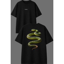Vsrn Gerçek Yılan Tasarım Ön Arka Baskılı Siyah Oversize T Shirt