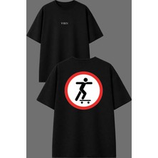 Vsrn Kaykaycı Çıkabilir Tasarım Ön Arka Baskılı Siyah Oversize T Shirt