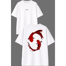 Vsrn Kırmızı Koi Balıkları Tasarım Ön Arka Baskılı Beyaz Oversize T Shirt