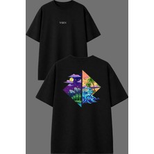Vsrn Gece ve Gündüz Tasarım Ön Arka Baskılı Siyah Oversize T Shirt