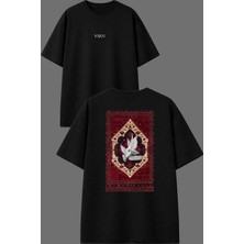 Vsrn Iki Beyaz Kuş Etnik Tasarım Ön Arka Baskılı Siyah Oversize T Shirt