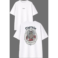 Vsrn Deniz Aslanı Tasarım Ön Arka Baskılı Beyaz Oversize T Shirt