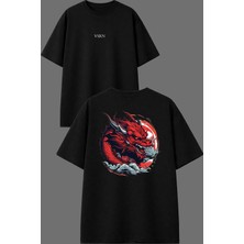 Vsrn Kırmızı Ejder Tasarım Ön Arka Baskılı Siyah Oversize T Shirt