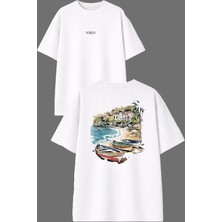 Vsrn Sandallar Manzara Tasarım Ön Arka Baskılı Beyaz Oversize T Shirt