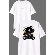 Vsrn Siyah Ayıcık Tasarım Ön Arka Baskılı Beyaz Oversize T Shirt