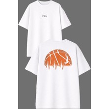 Vsrn Basketbal Nabız Tasarım Ön Arka Baskılı Beyaz Oversize T Shirt