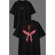 Vsrn Fly Ros Tasarım Ön Arka Baskılı Siyah Oversize T Shirt