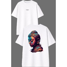 Vsrn Renkli Heykel Tasarım Ön Arka Baskılı Beyaz Oversize T Shirt