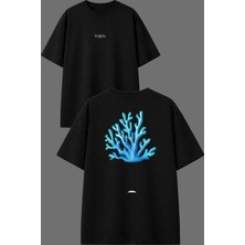 Vsrn Deniz Yosunu Tasarım Ön Arka Baskılı Siyah Oversize T Shirt