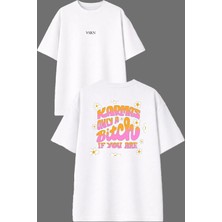 Vsrn Karma Is Tasarım Ön Arka Baskılı Beyaz Oversize T Shirt