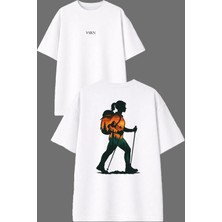 Vsrn Doğa Yürüyüşü Tasarım Ön Arka Baskılı Beyaz Oversize T Shirt