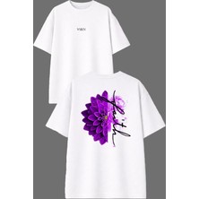 Vsrn Mor Zambak Tasarım Ön Arka Baskılı Beyaz Oversize T Shirt
