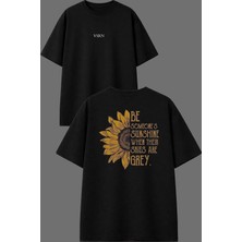 Vsrn Ay Çiçeği Tasarım Ön Arka Baskılı Siyah Oversize T Shirt