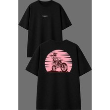 Vsrn Pembe Kadın Cross Tasarım Ön Arka Baskılı Siyah Oversize T Shirt