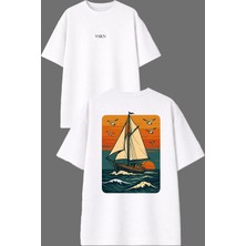 Vsrn Batan Gemi Tasarım Ön Arka Baskılı Beyaz Oversize T Shirt