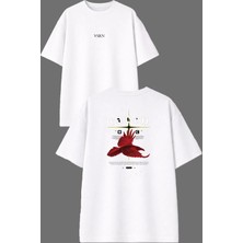 Vsrn Kırmzı Karga Tasarım Ön Arka Baskılı Beyaz Oversize T Shirt