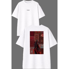 Vsrn Karışık Etnik Halılar Tasarım Ön Arka Baskılı Beyaz Oversize T Shirt