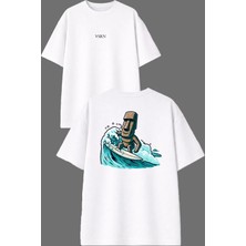 Vsrn Surfçü Heykel Tasarım Ön Arka Baskılı Beyaz Oversize T Shirt