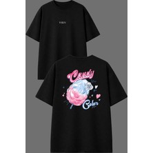 Vsrn Pamuk Şeker Tasarım Ön Arka Baskılı Siyah Oversize T Shirt