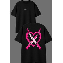 Vsrn Kalp Bıçaklar Tasarım Ön Arka Baskılı Siyah Oversize T Shirt