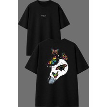 Vsrn Kırık Ampul Tasarım Ön Arka Baskılı Siyah Oversize T Shirt