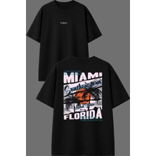 Vsrn Mıamı Florida Tasarım Ön Arka Baskılı Siyah Oversize T Shirt