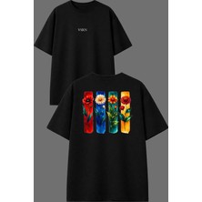 Vsrn 4 Farklı Çiçek Tasarım Ön Arka Baskılı Siyah Oversize T Shirt