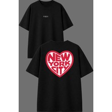 Vsrn Kırmızı Kalp New Tasarım Ön Arka Baskılı Siyah Oversize T Shirt
